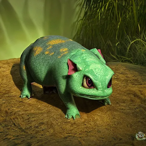 Image similar to photo of bulbasaur, realistic, volumetric lighting, swamp, highly detailed, sharp focus,