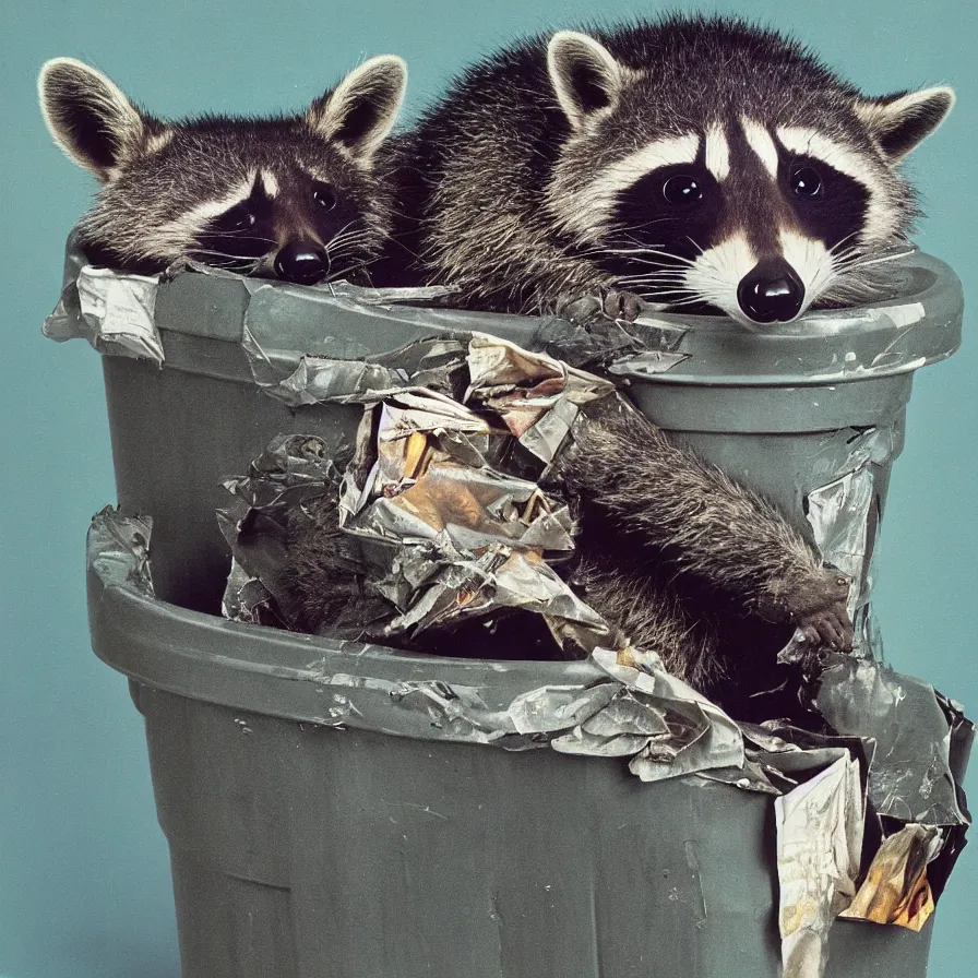 Image similar to album art, a raccoon stuck in a trash can, omni magazine