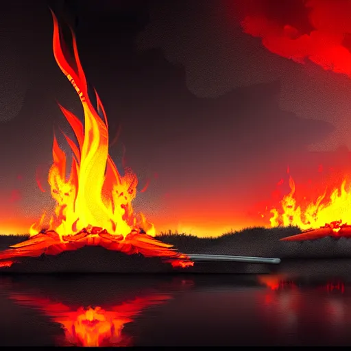 Image similar to in the lower part of the picture is the harp burning in the fire, above are cranes flying in flames, digital painting, concept art