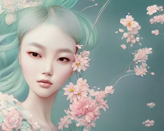 Image similar to highly detailed pastel colors of an ethereal asian beauty morphing gradually into flowers, by artgerm and hsiao - ron cheng, smooth composition, fine patterns and detail