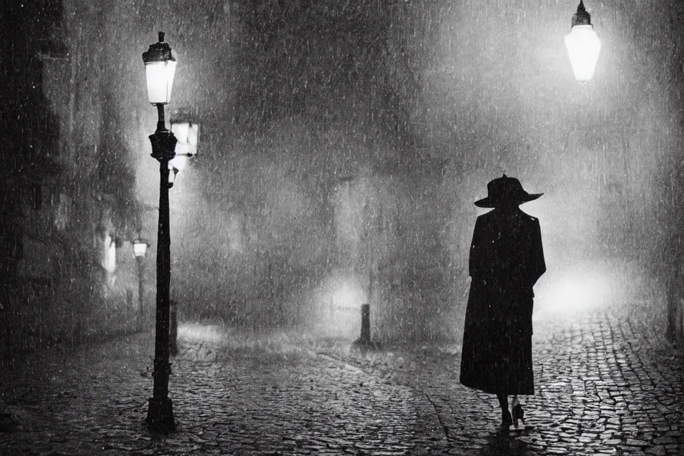 Image similar to wet plate, fumiko kaneko strolls along cobblestone street in tokyo, night time, alone, lamplight, victorian era, depth of field, very detailed, fog, highly accurate, intricate