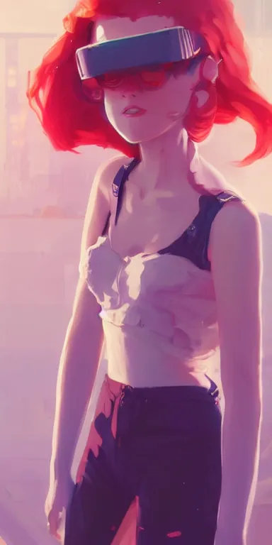 Image similar to synthwave concept art of young cute curvacious redhead cyborg woman softly smiling at camera wearing 🩳 and 👕 illustration illustration concept art anime by wlop and greg rutkowski and makoto shinkai and studio ghibli and kyoto animation acrylic on canvas