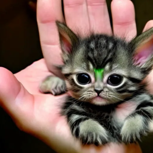 Image similar to a cute baby yoda-kitten hybrid in the palm of a person's hand and a real kitten in the other hand