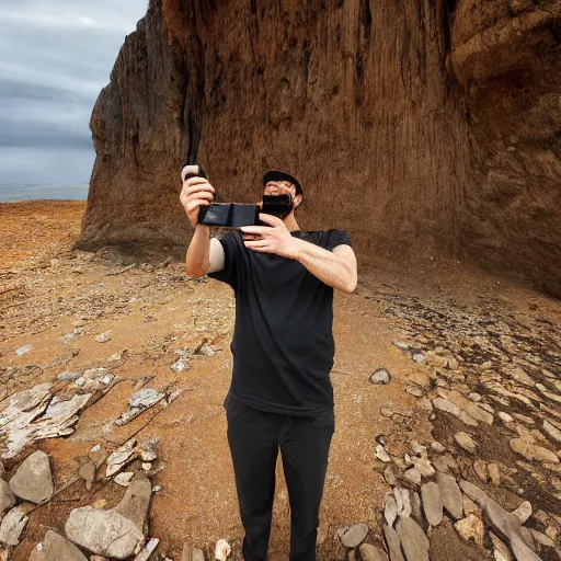 Image similar to the last ever human on earth taking a selfie, 4k, high detail, high-resolution photograph, professional photography, ultra-detail