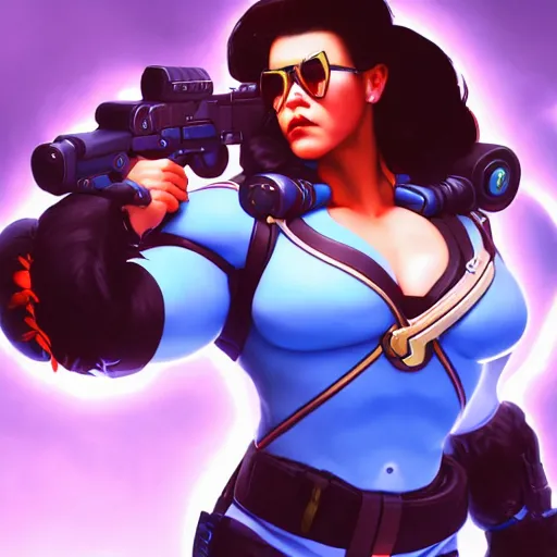 Image similar to a screenshot of arnold schwarzenegger as mei shooting frost gun in overwatch, portrait, fantasy, beautiful face, vivid colors, elegant, concept art, sharp focus, digital art, hyper - realistic, 4 k, unreal engine, highly detailed, hd, dramatic lighting by brom, trending on artstation