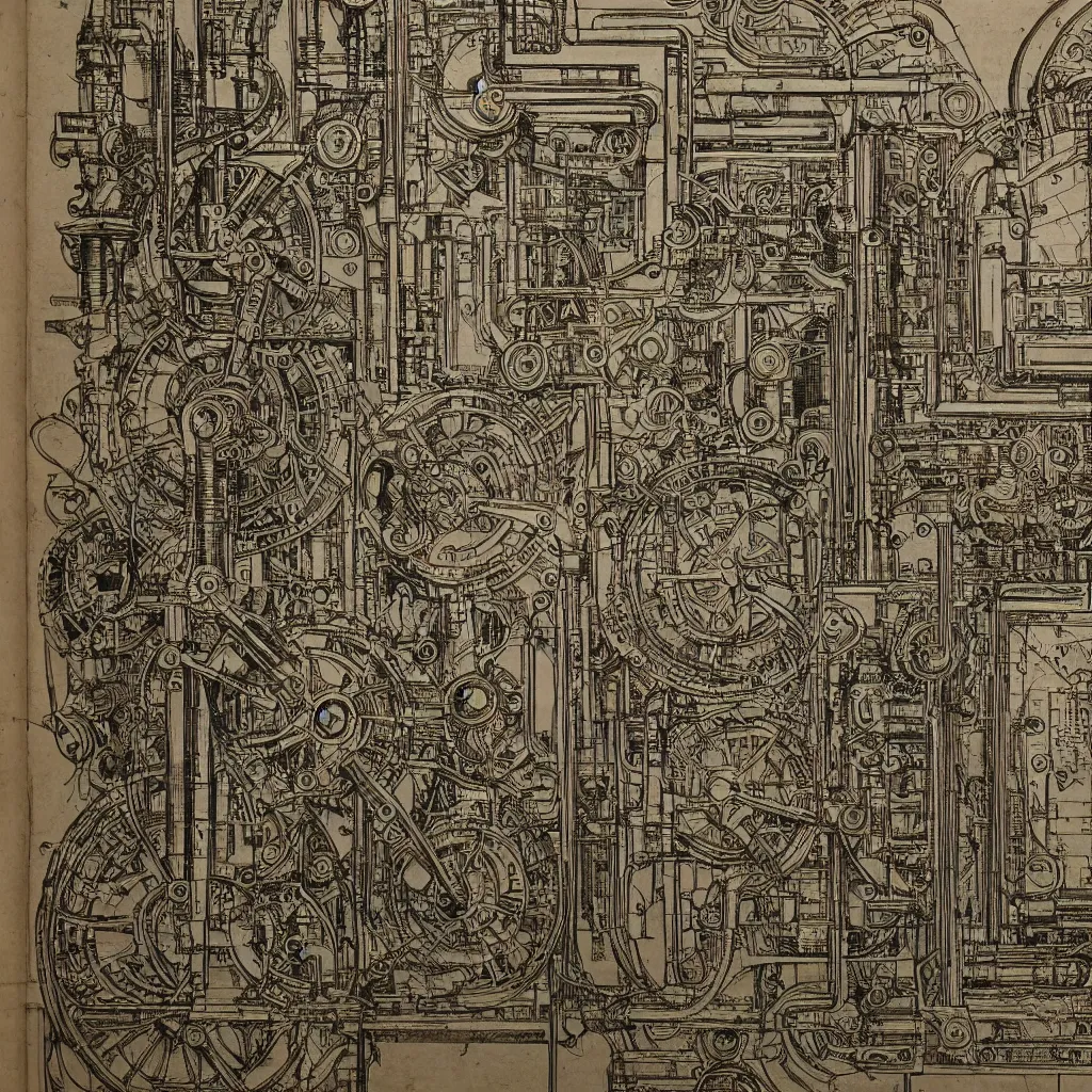 Image similar to close - up on detailed, intricate technical drawings from 1 8 4 0 with extensive written labels and covered in scribbled pencil notes, for a mechanical display attachment to babbage's difference engine, showing a screen playing tetris, beautiful, symmetric, art nouveau