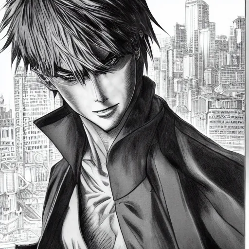 Prompt: portrait dante by yusuke murata and masakazu katsura, artstation, highly - detailed, cgsociety, pencil and ink, fighting pose, city in the background, dark colors