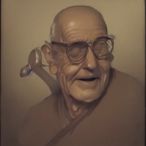 Prompt: Old man smiling to camera evil, portrait artwork by Sergey Kolesov, arstation, polaroide