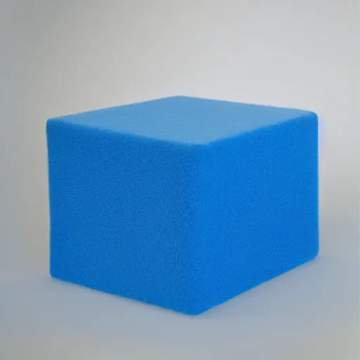 Image similar to 1 blue cube on white studio floor, soft light