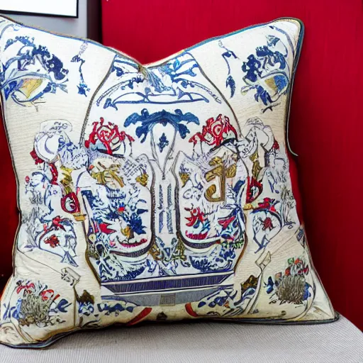 Image similar to the most amazing Imperial Russian pillow every made, product shot, intricate, fine detail, full Marxist print