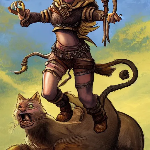 Image similar to D&D art of a female halfling rogue with hairy feet, riding on top of a panther through waterdeep, sunny afternoon