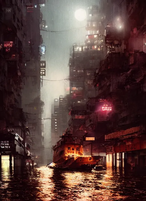 Image similar to dramatic Photorealistic, Matte Painting of a tug boat with bright head lights exploring a busy post apocalyptic deep flooded Hong Kong city street at night,dark Tall buildings by Greg Rutkowski,Craig Mullins,Hyperrealism,Beautiful dramatic moody lighting,Cinematic Atmosphere,volumetric,Octane Rendering,8K