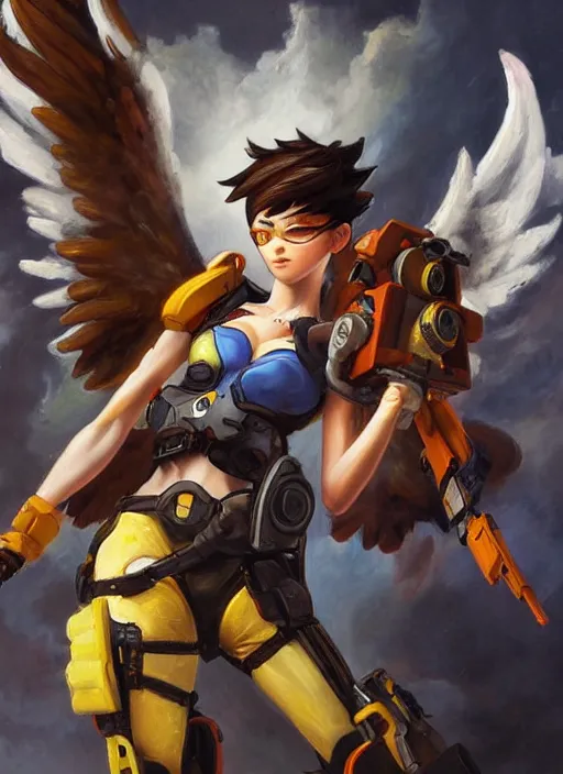 Image similar to oil painting of tracer overwatch in the style of sophie anderson, flying, angel wings,