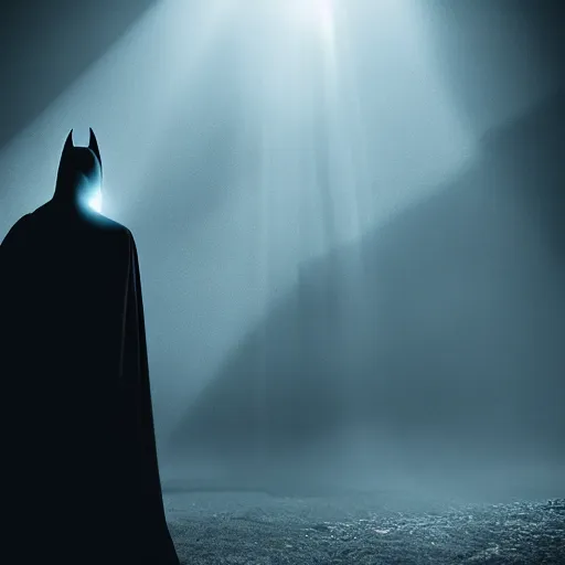 Image similar to scary vampire batman, cinematic lighting, god rays through fog, cape, cave, mood scary, film quality,