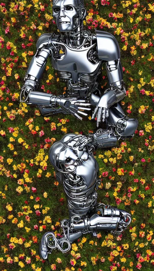 Image similar to photo of destroyed realistic terminator lying in a field of flowers, twisted, chrome, reflections, anthropomorphic, photorealism, smoke, 8 k, wires, smooth, sharp focus, top view, extremely detailed, hyperrealism, elegant, establishing shot, by jeff koons, artgerm and greg rutkowski