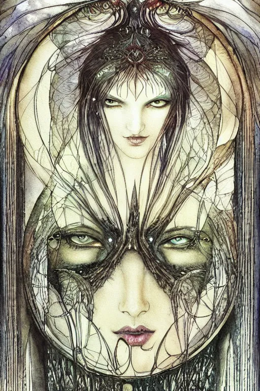 Prompt: dark fairy face closeup surrounded circular frame of insect wings, art by luis royo and walter crane and kay nielsen, watercolor illustration, ultra sharp focus