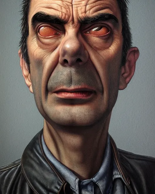 Image similar to portrait of mr bean, gritty, dark, wearing a leather jacket very detailed eyes, hyperrealistic, very detailed painting by Glenn Fabry, by Joao Ruas, by Artgerm