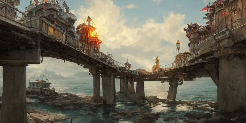 Prompt: empty seaside village bridge into a port town in the distance, pokemon sword and sheild, bright future, social realism, highly detailed, digital painting, artstation, concept art, matte, sharp focus, illustration, art by artgerm and greg rutkowski and alphonse mucha