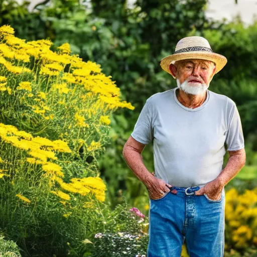 Prompt: old man in with short grey hair wearing a straw hat standing in a garden, yellow t shirt, jeans, brown leather shoes, photography, high detail, award winning photography