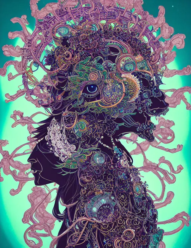 Image similar to 3 d goddess close - up profile solarpunk portrait ram skull. beautiful intricately detailed japanese crow kitsune mask and clasical japanese kimono. betta fish, jellyfish phoenix, bio luminescent, plasma, ice, water, wind, creature, artwork by tooth wu and wlop and beeple and greg rutkowski