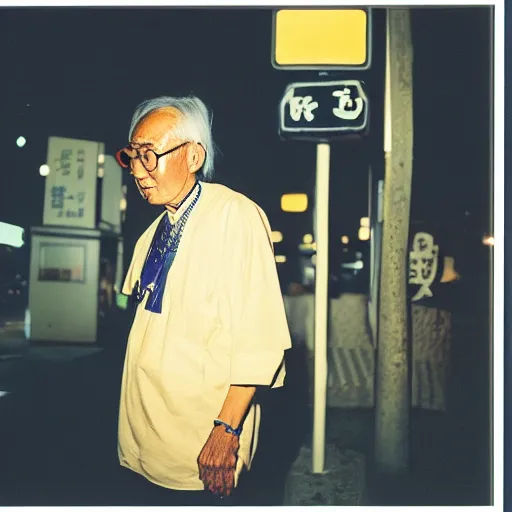 Prompt: old man in tokyo at night, wearing gold chain, gold rings, cinestill 8 0 0,