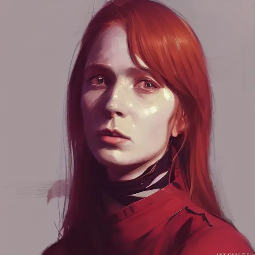 Image similar to Portrait of a woman by Greg Rutkowski, she is about 20 years old, redhead, long straight hair, beautiful oval face, wearing red and black utilitarian jumpsuit, older sister vibes, highly detailed portrait, digital painting, artstation, concept art, smooth, sharp foccus ilustration, Artstation HQ.