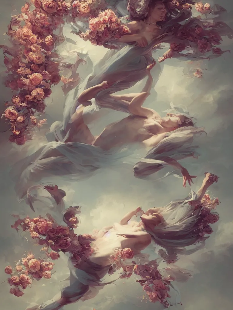 Image similar to a portrait of a body flying through the sky covered in flowers in a dynamic pose, in the style of peter mohrbacher, highly detailed, soft lighting, art nouveau patterns, trending on artstation