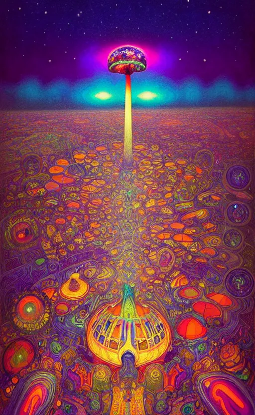 Image similar to An extremely psychedelic aerial view of black rock city at night, colorful, surreal, dramatic lighting, magic mushrooms, psilocybin, LSD, face, detailed, intricate, elegant, highly detailed, digital painting, artstation, concept art, smooth, sharp focus, illustration, art by Krenz Cushart and Artem Demura and alphonse mucha