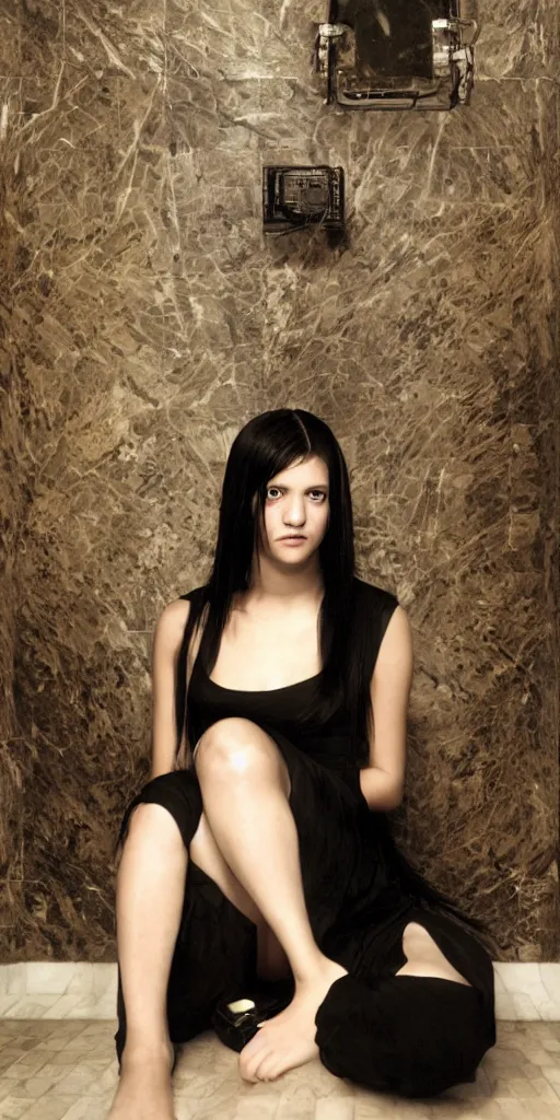 Image similar to photo of lonely young girl with straight long black hair wearing black dress and sitting on bathroom floor, photo made by mario testino and vanessa beecroft, render by artgem and alphonse mucha for capcom co, resident evil