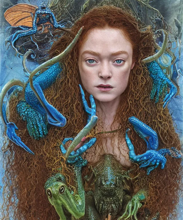 Prompt: a portrait photograph of a fierce sadie sink as an alien harpy queen with blue slimy amphibian skin. she is trying on evil bulbous slimy organic membrane fetish fashion and transforming into a fiery succubus amphibian frog. by donato giancola, walton ford, ernst haeckel, brian froud, hr giger. 8 k, cgsociety