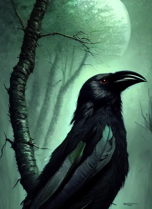 Image similar to side portrait dark crow (animal), close-up, fantasy forest landscape, moonshine, fantasy magic, nice black feather, proud, green dark light night, intricate, elegant, sharp focus, illustration, highly detailed, digital painting, concept art, matte, art by WLOP and Artgerm and Greg Rutkowski and Eddie Mendoza, masterpiece