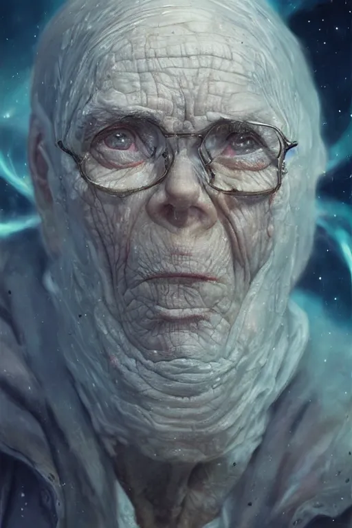 Image similar to the look of an elderly person 4 2 8 8 4 6 full of wrinkles and imperfections by artgem and greg rutkowski, highly detailed, high contrast, light reflection, trippy, nebula, trending on artstation