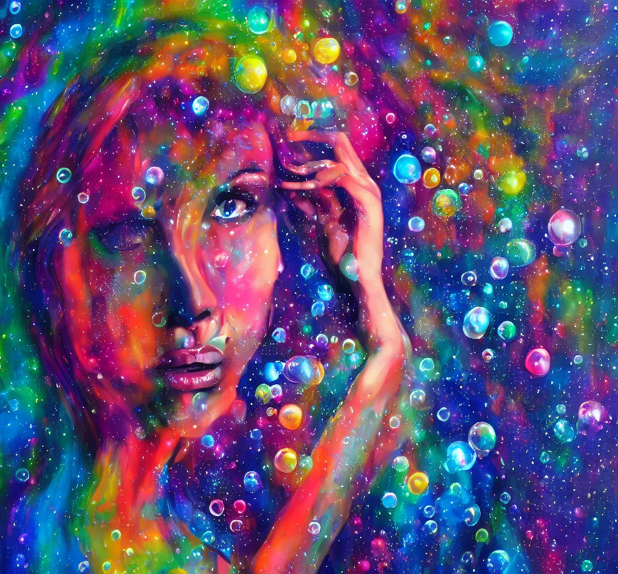 Prompt: beautiful sci - fi woman, face, full body, dress, bubbles, bubble, watedrops, waterdroplets, acrylicpainting, acrylicpouring, painting, influencer