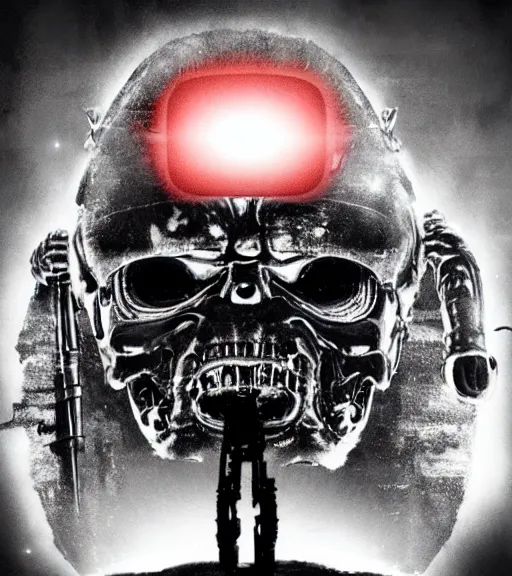 Prompt: profile picture of terminator with red eyes, surrounded by beams of light dark background by wayne barlow, stanley donwood, anton semenov, zdzislaw bekinski, hr giger, 8 k, fantasy, dark, highly detailed