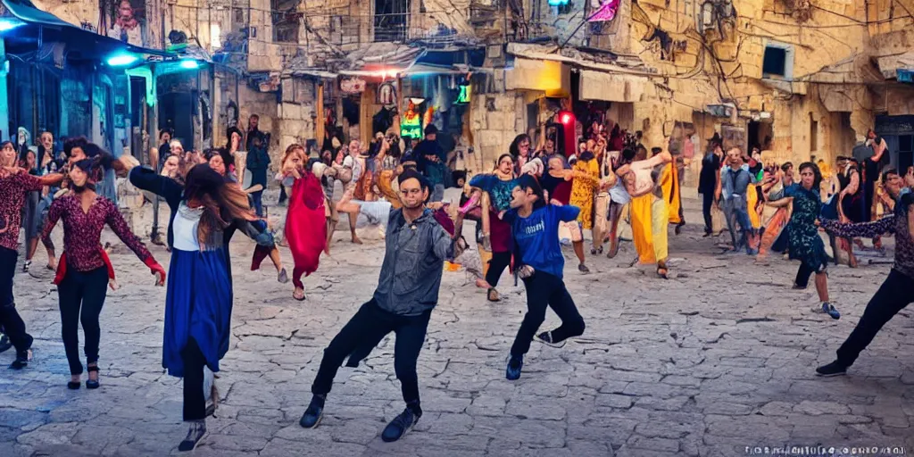 Image similar to dancing in the streets of futuristic jerusalem on shabbat. cinematic. beautiful. colorful. epic framing