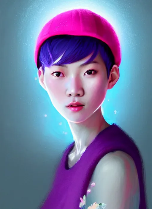 Prompt: portrait of chinese girl with bright pink hair, curly pixie cut hair, wearing a purple cap, breton cap, intricate, elegant, glowing lights, highly detailed, digital painting, artstation, concept art, smooth, sharp focus, illustration, art by wlop, mars ravelo and greg rutkowski