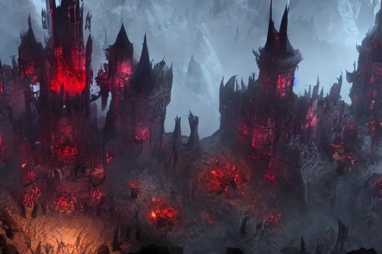 Image similar to big evil castle - city rock dark shadow elves, might and magic heroes vii, dark fantasy, shadows, artstation trending, unreal engine 5, red