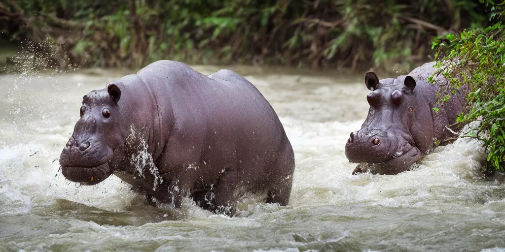 Image similar to nature photographer's photo of a hippo with in a river in the jungle, attacking the photographer. extremely high detail, ominous natural lighting