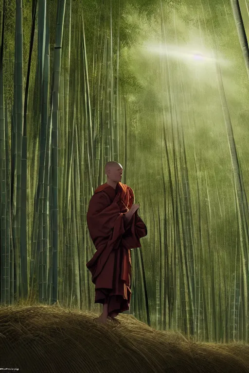 Image similar to a komuso monk wearing a straw basket worn on the head in a mysterious japanese bamboo forest with light shafts, atmospheric lighting, by greg rutkowski, ultra realistic, concept art, intricate details, highly detailed, photorealistic, octane render, 8 k, unreal engine