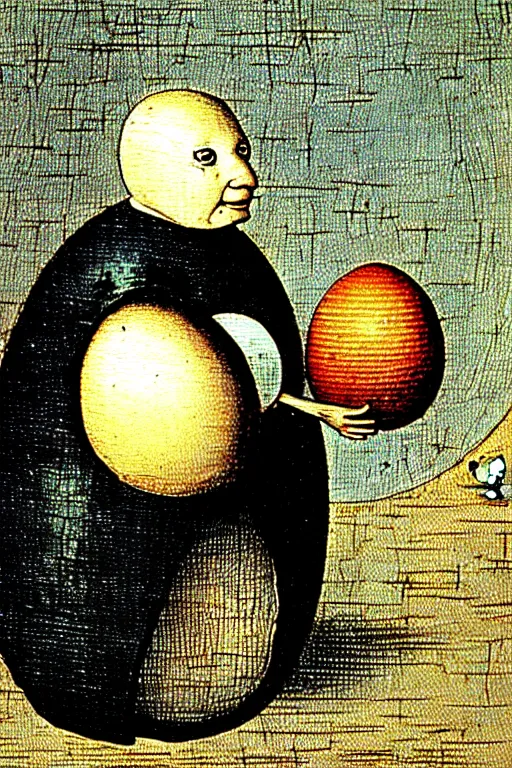 Image similar to hieronymus bosch painting of egg shaped humpty dumpty