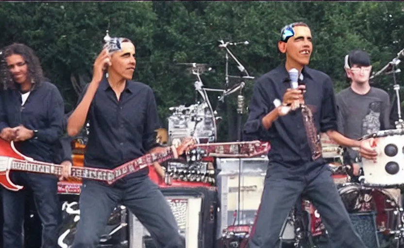 Prompt: footage of Obama playing in a punk rock band