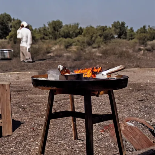 Prompt: old bearded cooking barbeque on the surface if the moon with the earth visible in the background