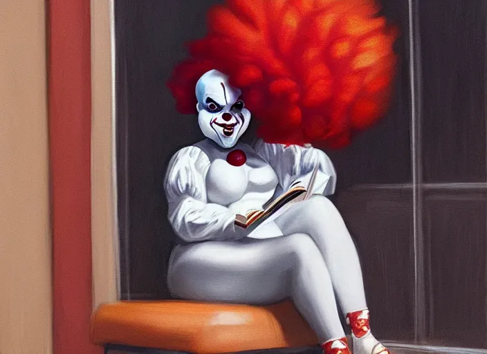 Image similar to a portrait of lizzo as pennywise sitting next to a window at subway reading a book on sushi, focused expression, golden hour, soft light, horrific, mist, photorealistic art by craig mulins, trending on pxiv, kenne gregoire, trending on artstation