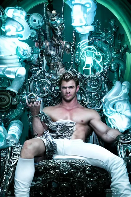 Image similar to full-body rococo and cyberpunk style neon statue of a young attractive Chris Hemsworth macho dotado e rico android sim roupa reclining con las piernas abertas e la piroca dura, glowing white lasers, glowing eyes, silver prince crown, silver steampunk gears, white diamonds, swirling mint-colored silk fabric. futuristic elements. ethereal white dripping tar. full-length view. space robots. human skulls. large white balloon animals. intricate artwork by caravaggio. Trending on artstation, octane render, cinematic lighting from the right, hyper realism, octane render, 8k, depth of field, 3D