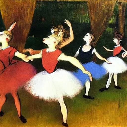 Image similar to rabbits dancing ballet on stage in the style of degas