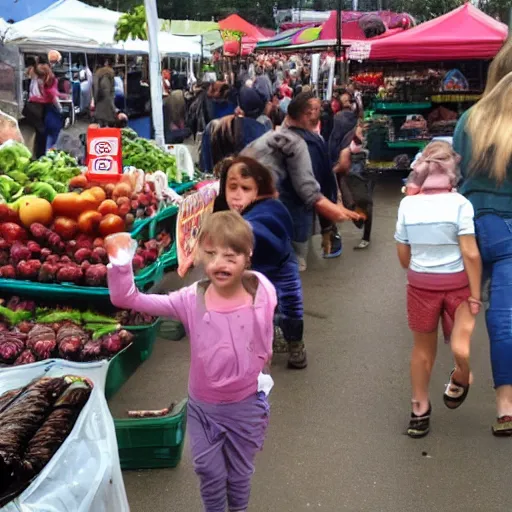 Image similar to giant worm attacking a farmers market, crowd fleeing, horror,