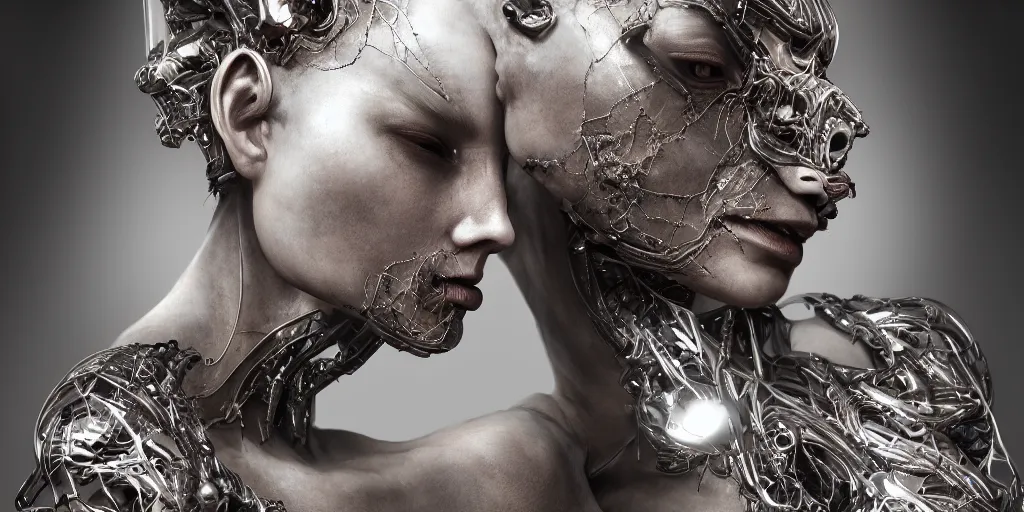 Prompt: hyper realistic photography of a stunningly beautiful cyborg female, elbow, chest, intimate, holding close, reflective chrome in the style of beth cavener, jin kagetsu,, and wlop, highly detailed, intricate filigree, masterpiece, award winning, sharp focus, concept art, ringflash lighting, ambient lighting, octane render, 8 k, artstation