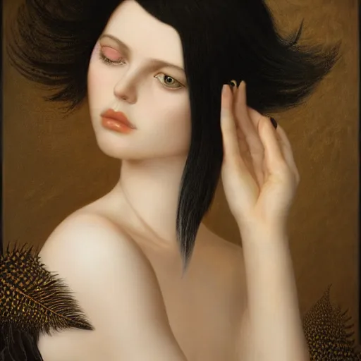 Image similar to highly detailed ilustration of a beautiful cute girl with feathers, endless black hair, with pale skin, by nicola samuri, by dino valls, by m. w. kaluta, rule of thirds, seductive look, 4 k resolution
