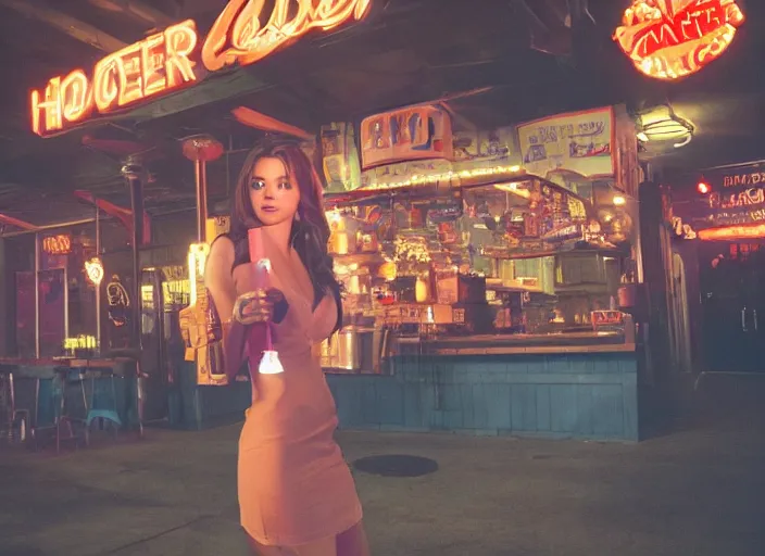 Image similar to a candid, color cinema film still of a selena gomez as a waitress at hooters having a cigarette out back, cinematic lighting at night.