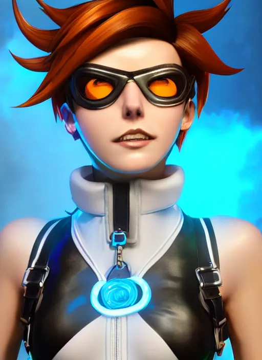 Image similar to portrait bust digital artwork of tracer overwatch, wearing white iridescent rainbow latex and leather straps catsuit outfit, 4 k, expressive happy smug expression, makeup, in style of mark arian, angel wings, wearing detailed black leather collar collar collar collar, chains, black leather harness, detailed face and eyes,